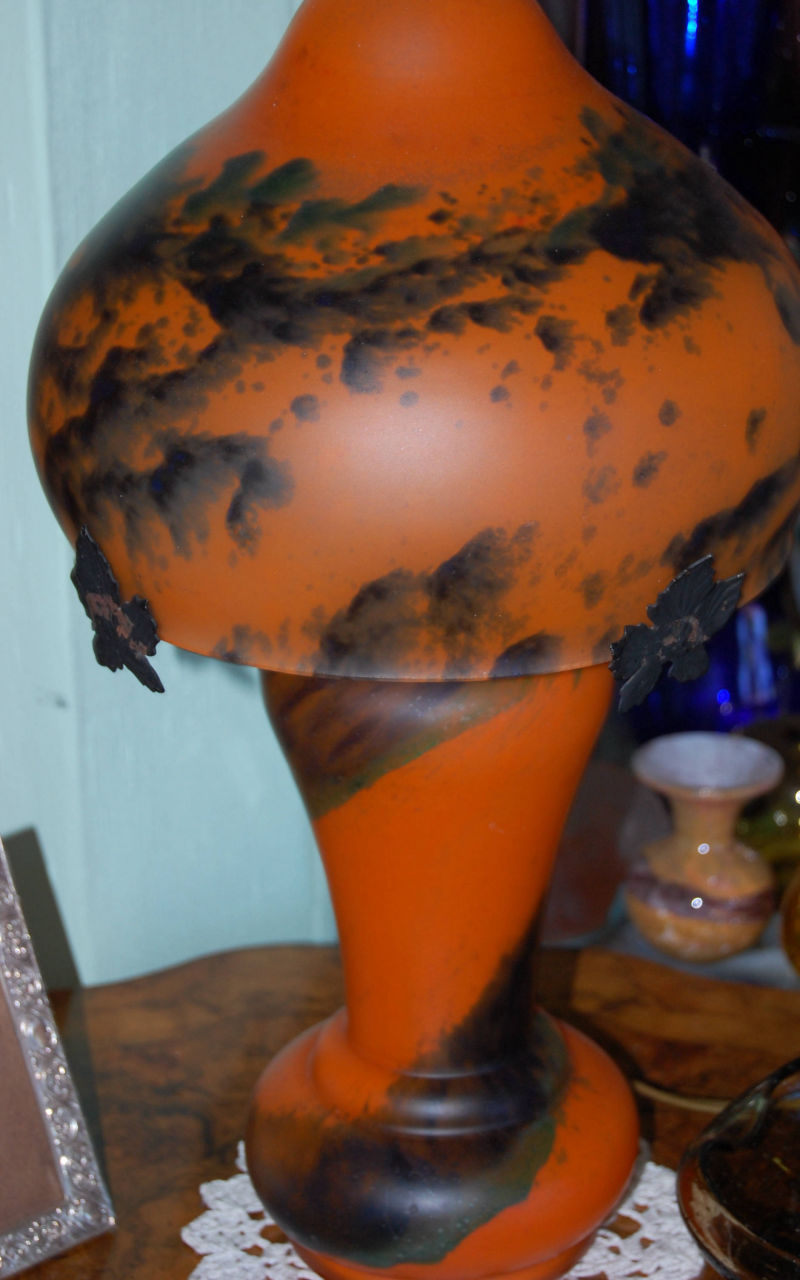 Pilzlampe, Glas, orange, Messinggestell, Höhe 46 cm