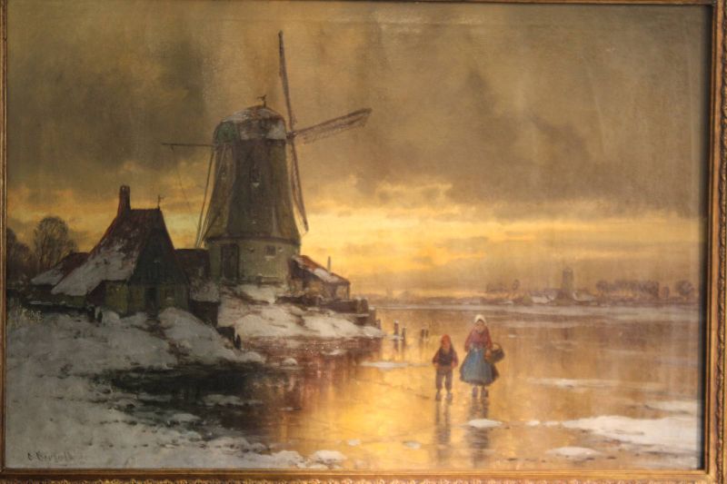 Winterlandschaft mit Mühle, großes antikes Ölgemälde von Carl Bertold