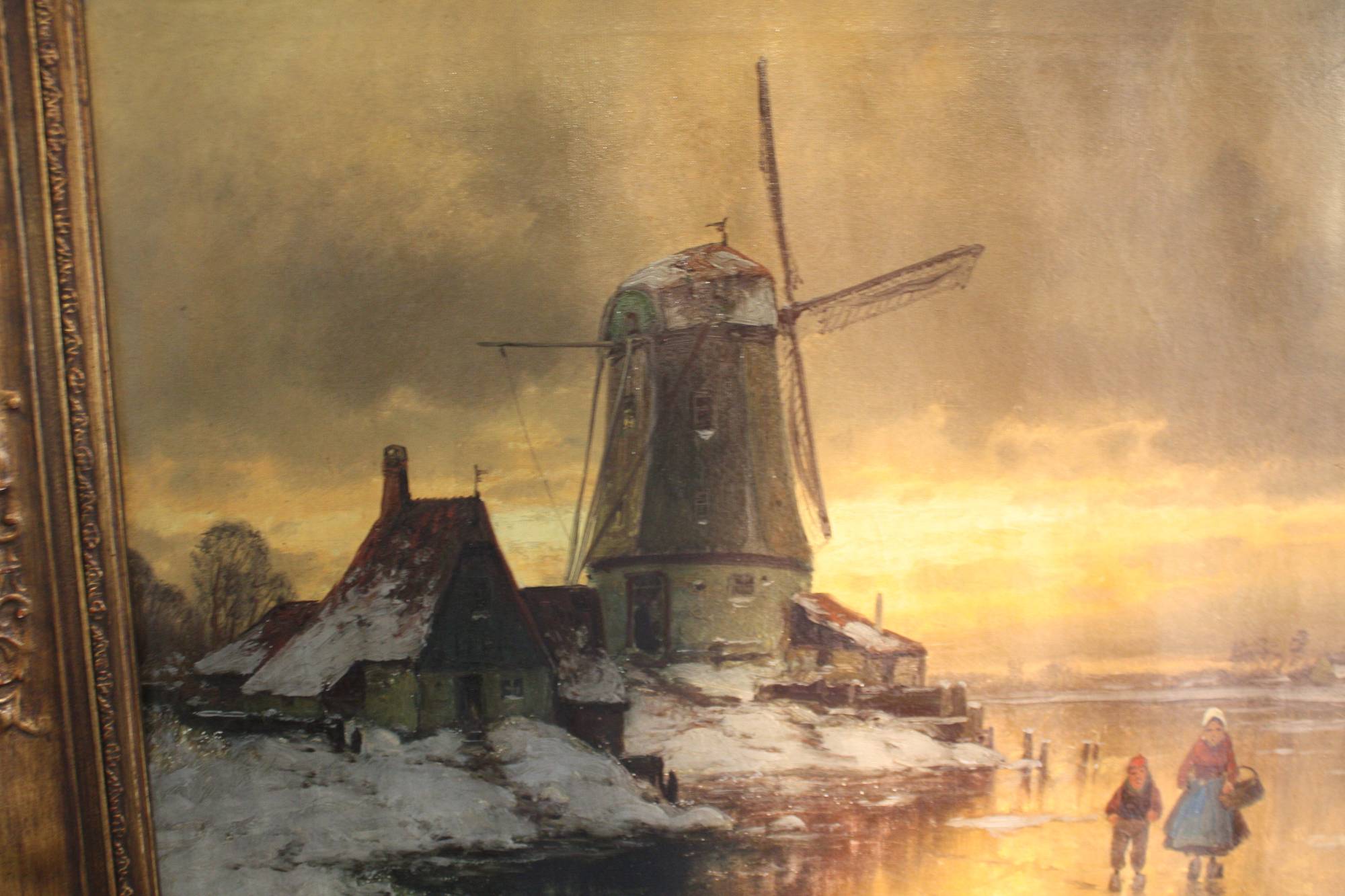 Winterlandschaft mit Mühle, großes antikes Ölgemälde von Carl Bertold