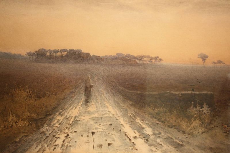 Antikes Aquarell, Wanderer in Landschaft, Amy Foster, 1884