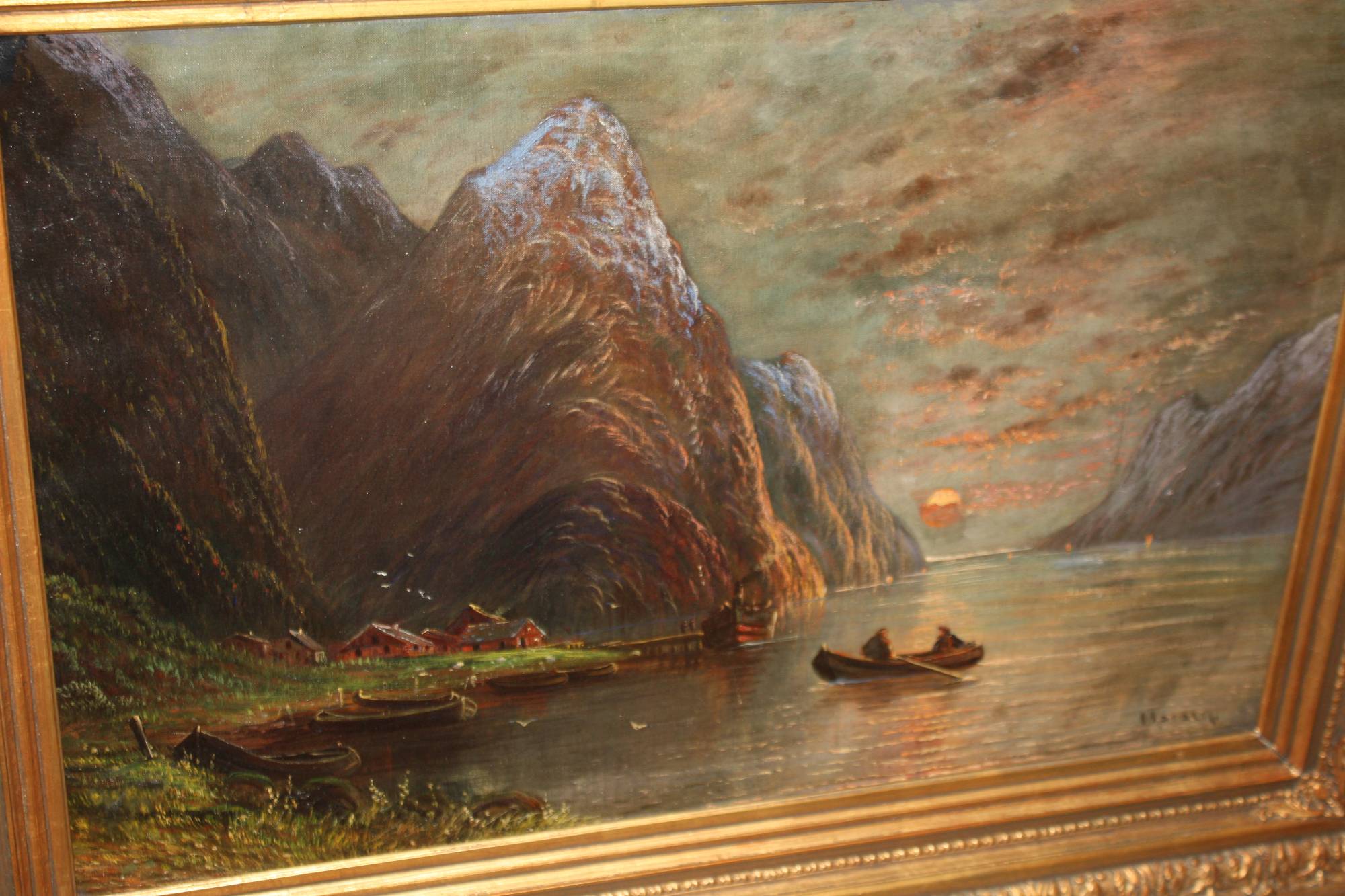 Großes antikes Ölgemälde, Fjordlandschaft, Oskar Larsen